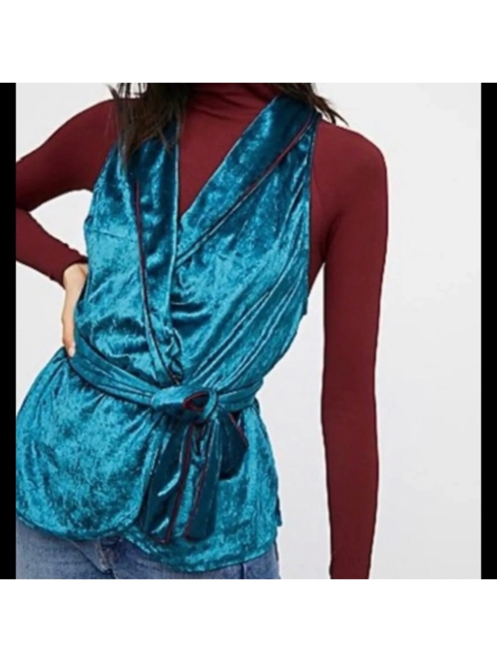 Intimately free people Teal Crushed Velvet Wrap Top with Self Tie